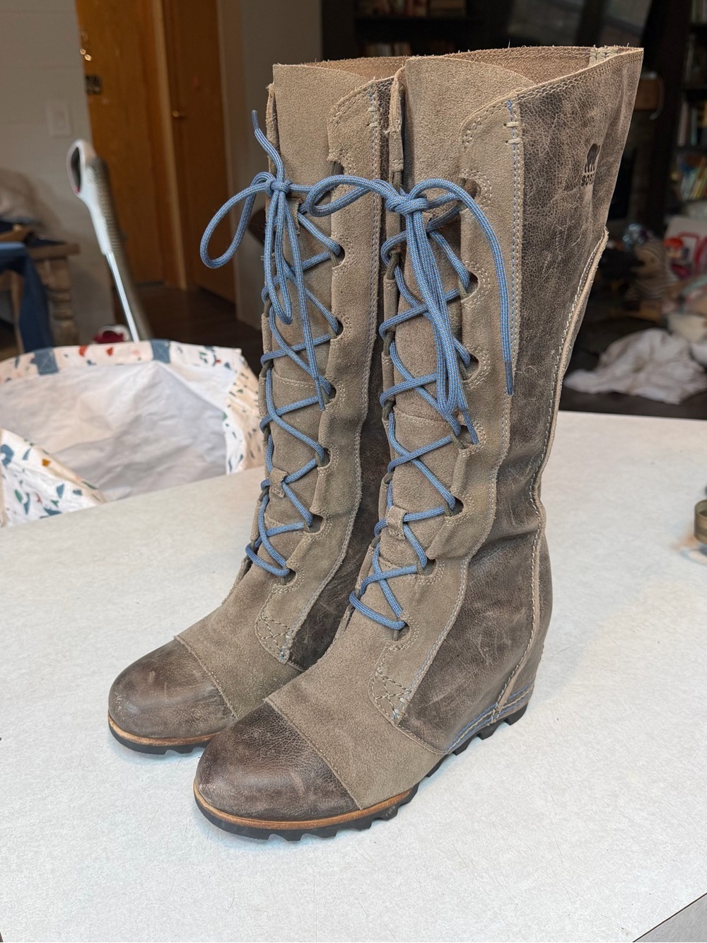 Sorel Cate The Great Tall Lace-Up Suede Boots in Brown with Blue Laces